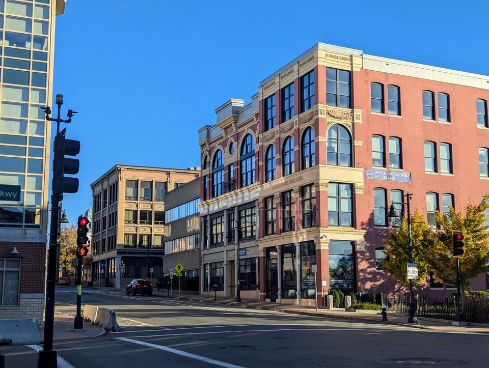 Historic buildings at Legion Parkway, Centre Street, and Main Street in Brockton