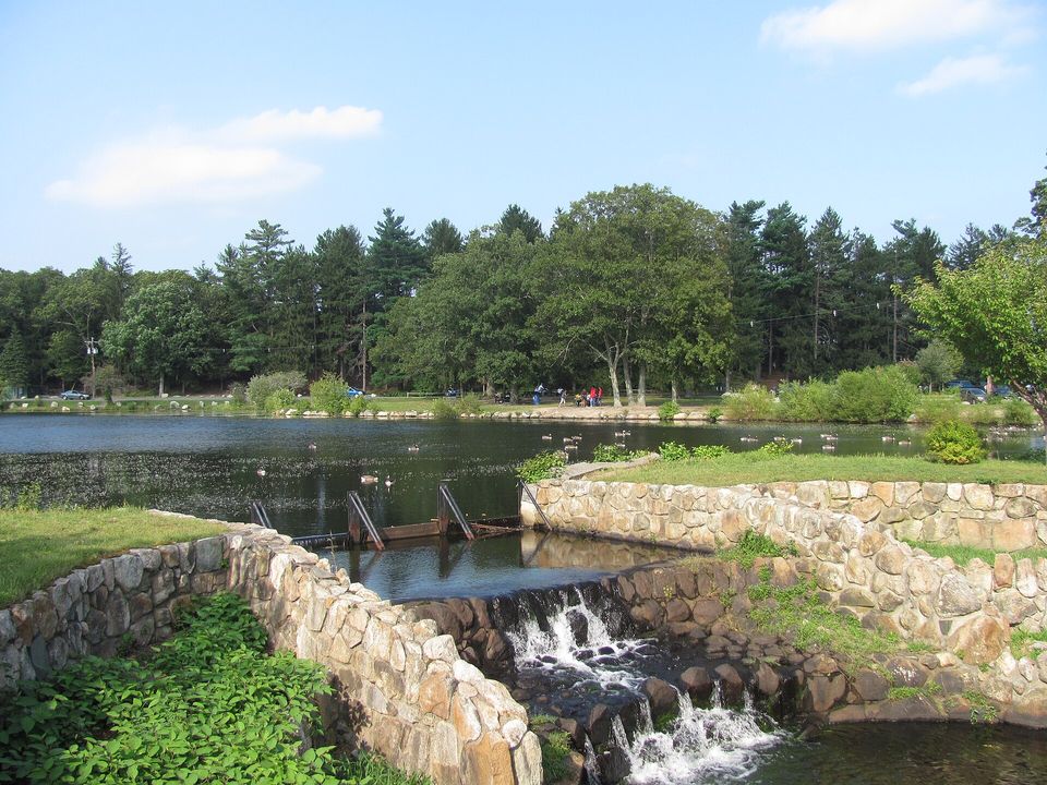 The waterfall and pond at D.W. Field Park in Brockton