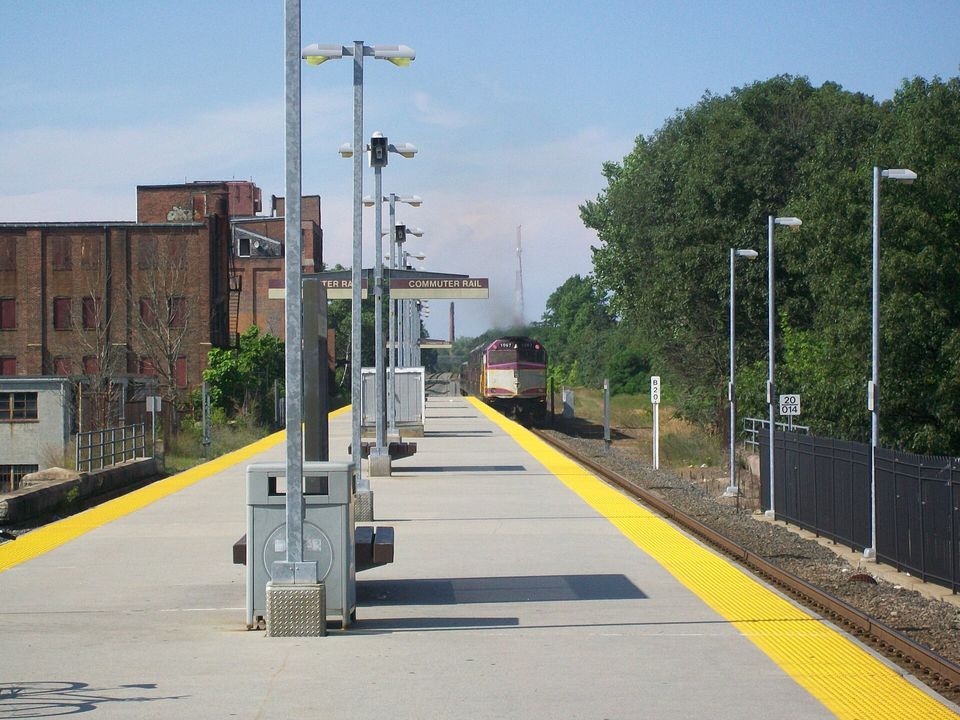 An MBTA commuter rail train at Brockton station